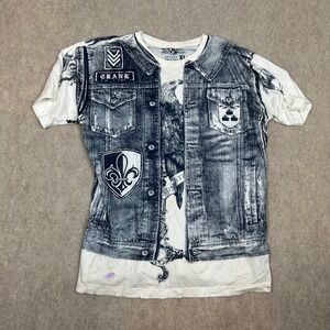 Crank Graphic T-Shirt Mens XL White Blue Faux Denim Vest Rhinestone Eagle 1297